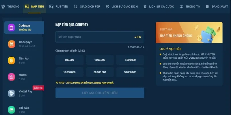 Nạp tiền Lucky88 đơn giản và an toàn với codepay